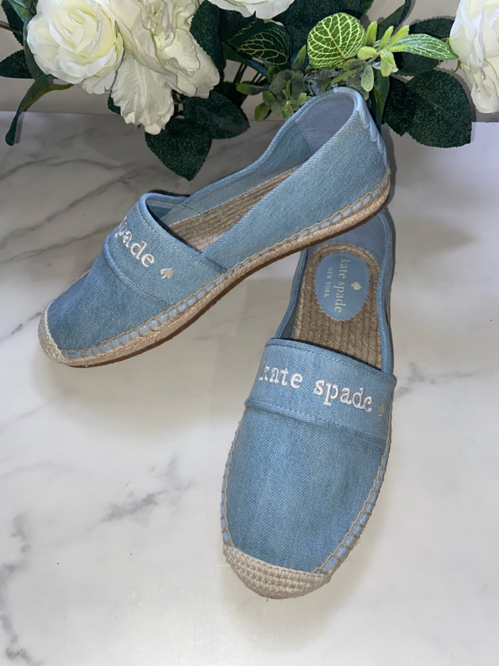 kate spade Light Blue Denim Espadrille Slip-Ons with Embroidered Logo Size 7B - Picture 4 of 15